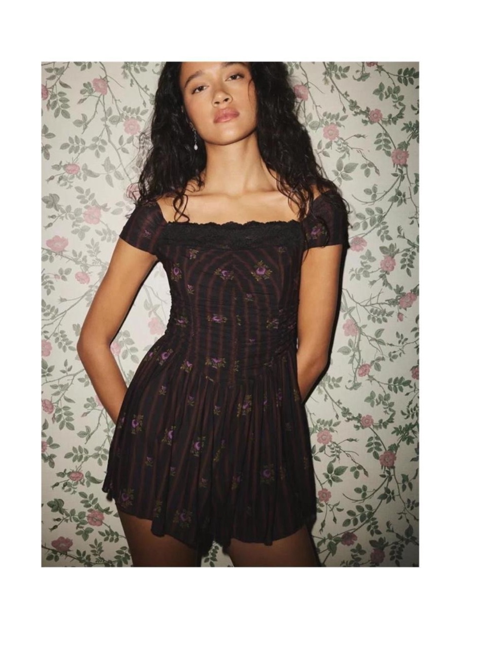 Kimchi Blue Black Mini Romper with Purple Floral Print NWT
